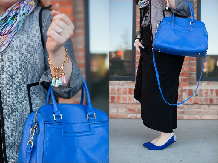 Winter / Fall style | black maxi skirt, herringbone vest, chambray shirt, blue bag, infinity scarf | North Carolina Fashion Blogger (3)