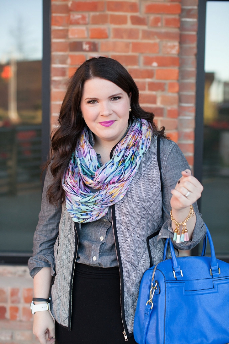 Winter / Fall style | black maxi skirt, herringbone vest, chambray shirt, blue bag, infinity scarf | North Carolina Fashion Blogger (5)