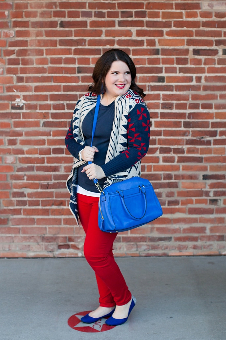 Winter / Fall style | red jeans, blue bag, Root Collective ballet flats, blue and red aztec cardigan, Nickel and Suede earrings | North Carolina Fashion Blogger (1)