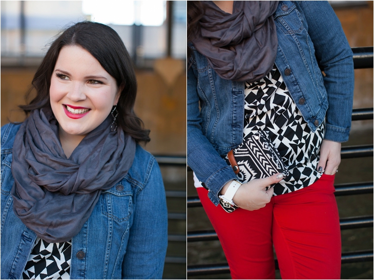 Winter / Fall style | red jeans, black and white graphic blouse, denim jacket | North Carolina Fashion Blogger (6)