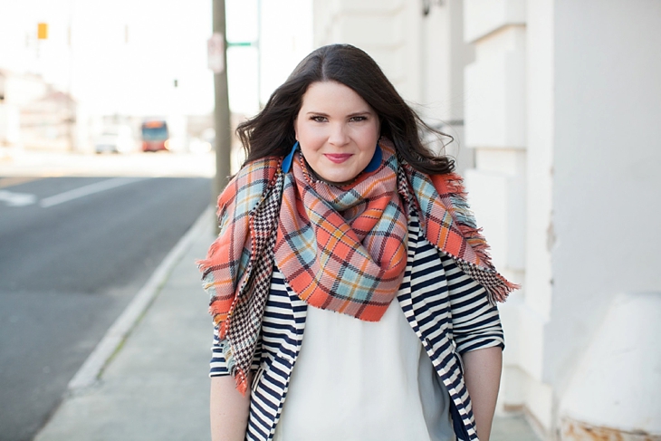 Winter / Fall style | striped blazer, blanket scarf, blue bag | North Carolina Fashion Blogger (2)