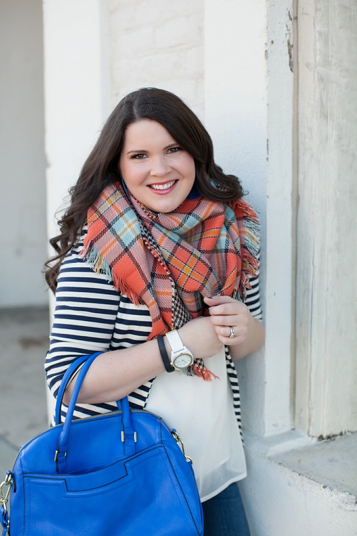 Winter / Fall style | striped blazer, blanket scarf, blue bag | North Carolina Fashion Blogger (3)