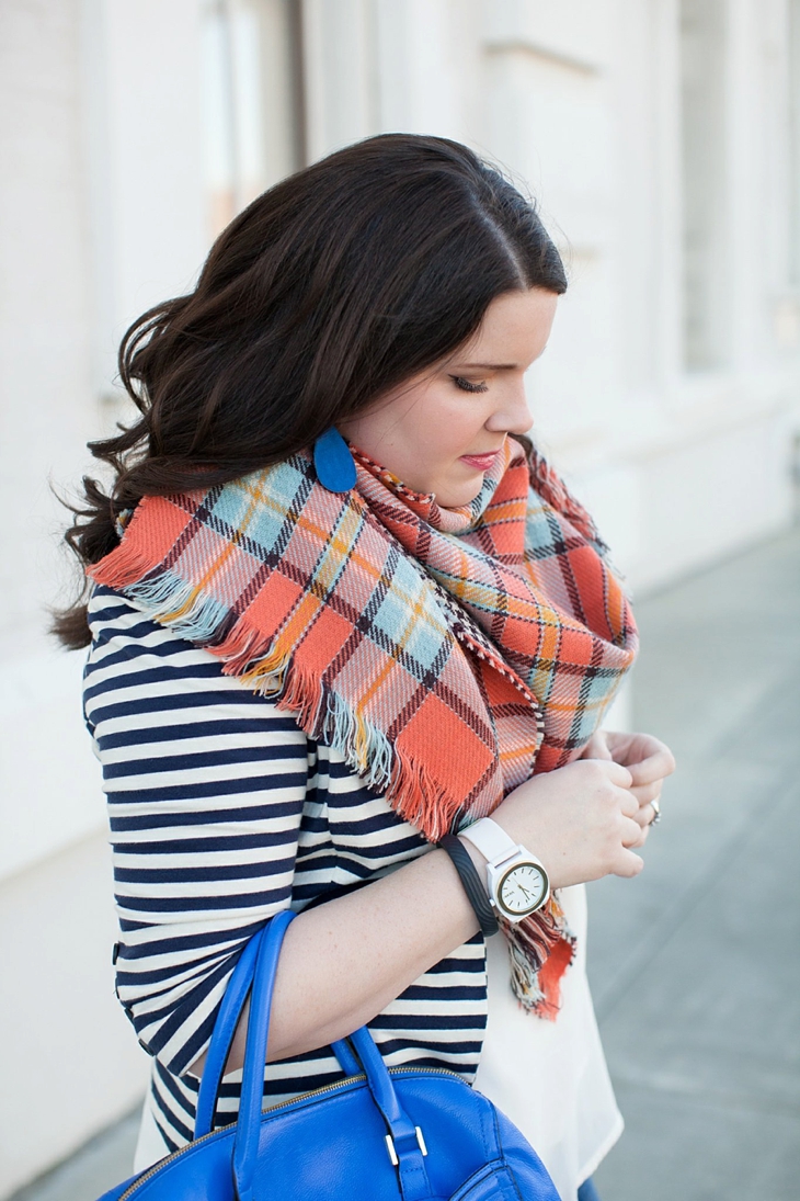 Winter / Fall style | striped blazer, blanket scarf, blue bag | North Carolina Fashion Blogger (4)