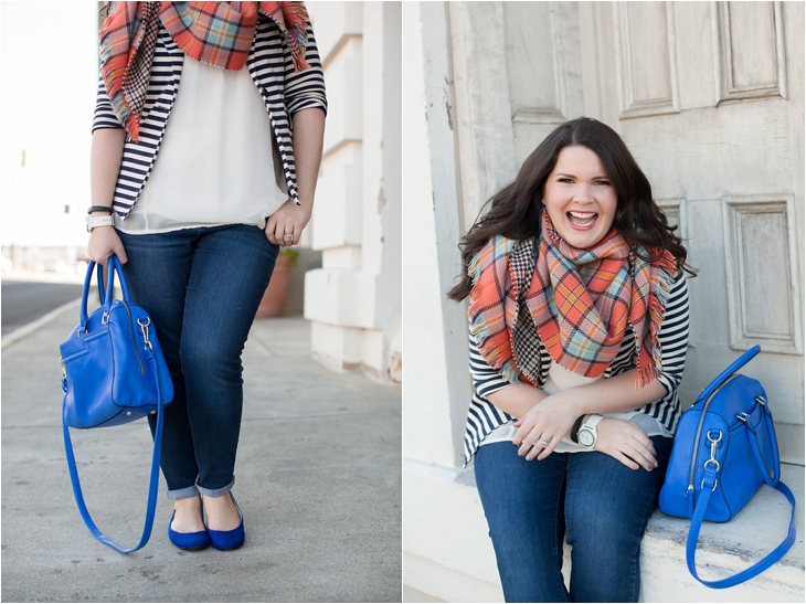 Winter / Fall style | striped blazer, blanket scarf, blue bag | North Carolina Fashion Blogger (5)