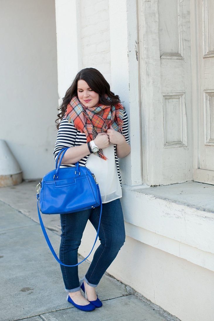 Winter / Fall style | striped blazer, blanket scarf, blue bag | North Carolina Fashion Blogger (6)