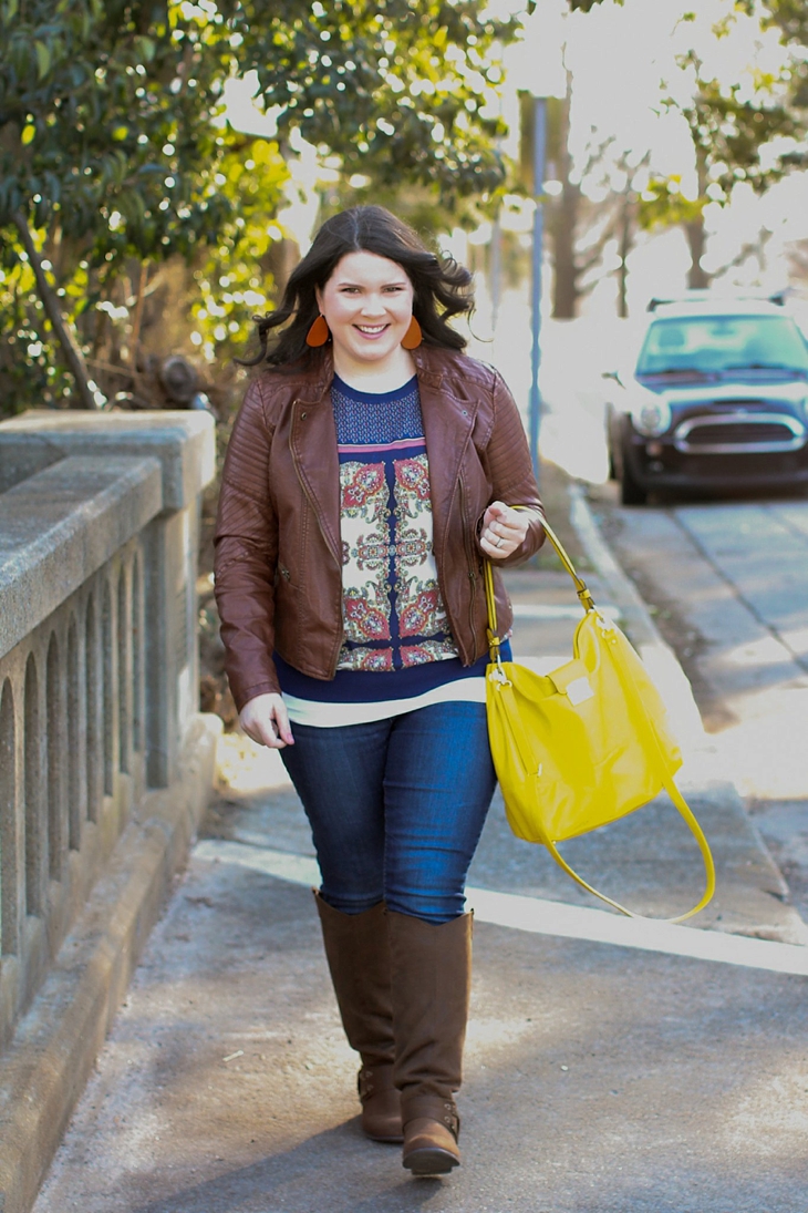 denim, boots, leather jacket, yellow bag, scarf print sweater (1)