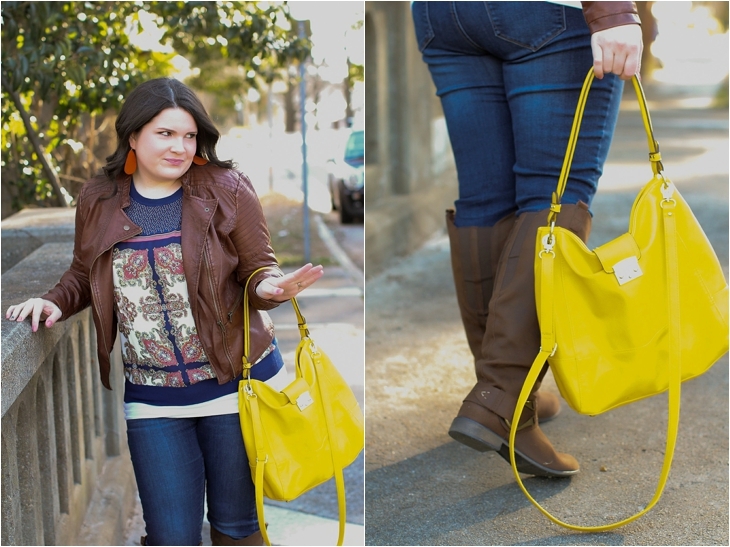 denim, boots, leather jacket, yellow bag, scarf print sweater (5)