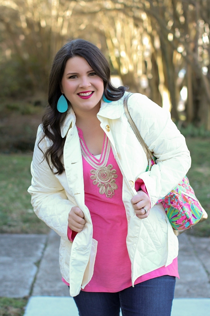Lilly Pulitzer Destination Jacket, Lilly Pulitzer pink tunic, Casual, Fashion, Style, Weekend, TOMS, Lulu, Nickel and Suede earrings (2)