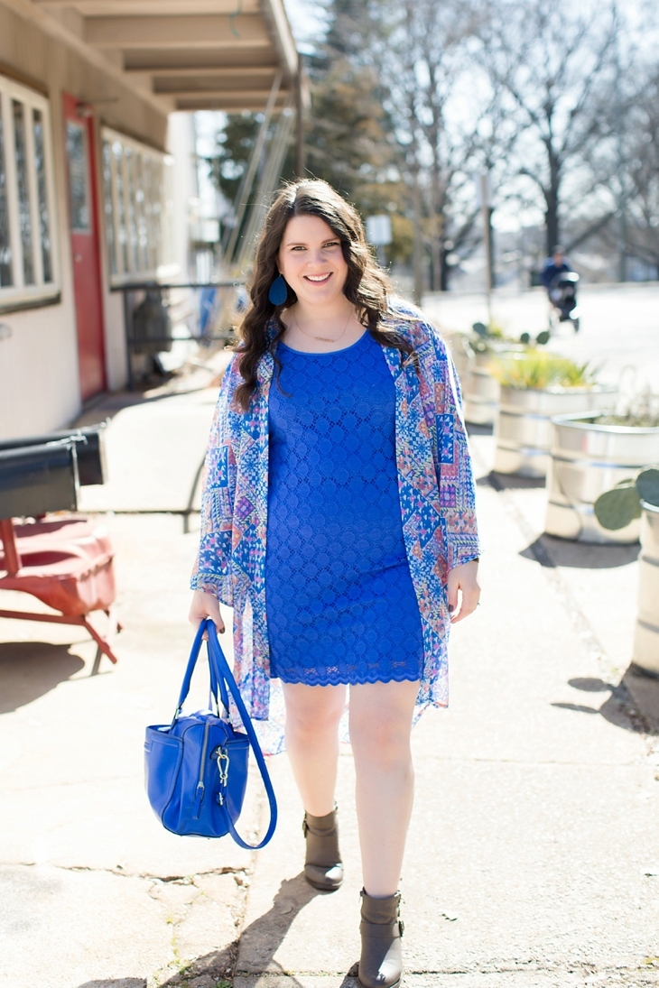 Cobalt blue lace dress, Altar'd State Kimono, Cuff, Cobalt Blue bag, booties, North Carolina Fashion Blogger (2)