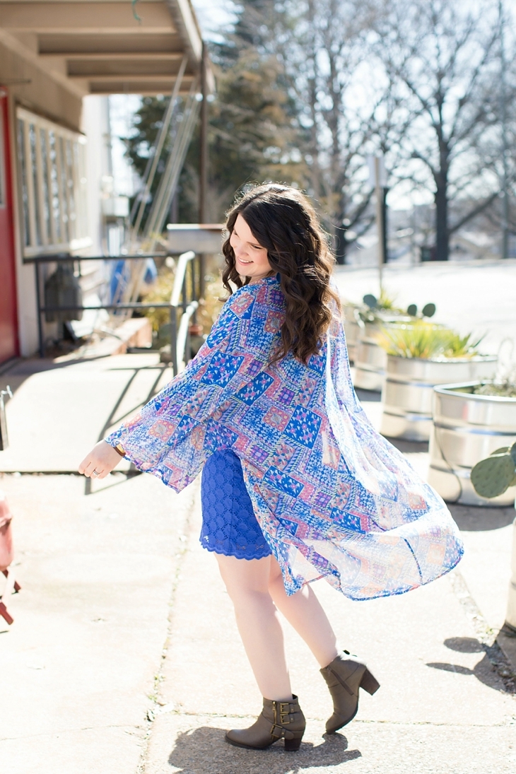 Cobalt blue lace dress, Altar'd State Kimono, Cuff, Cobalt Blue bag, booties, North Carolina Fashion Blogger (3)