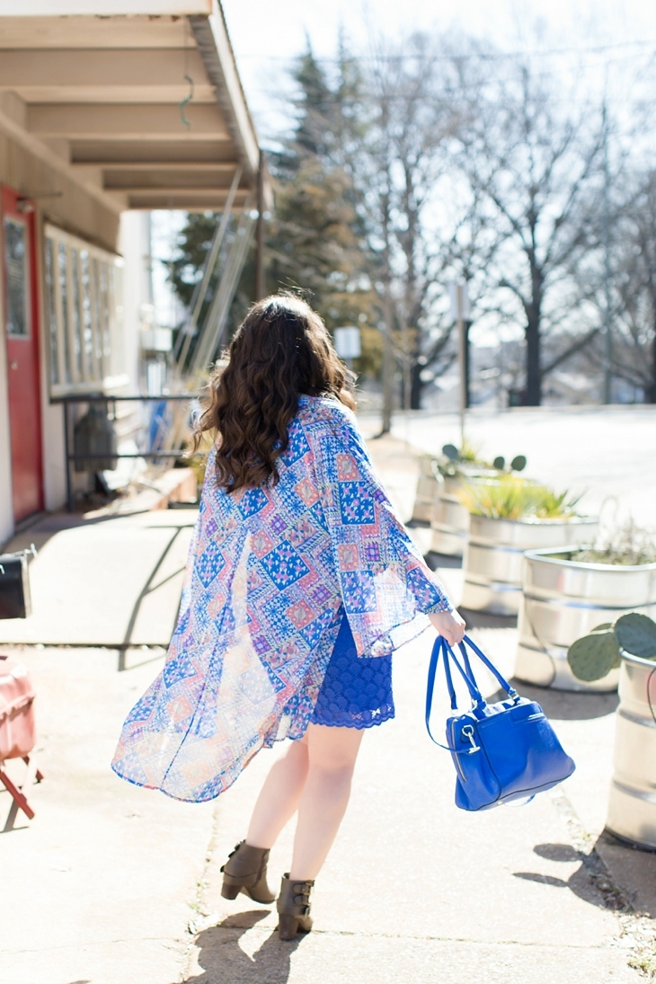 Cobalt blue lace dress, Altar'd State Kimono, Cuff, Cobalt Blue bag, booties, North Carolina Fashion Blogger (7)