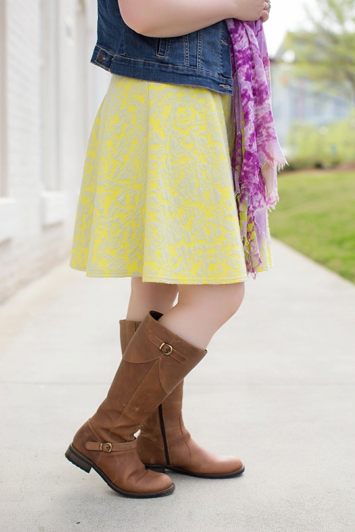 Stitch Fix 41 Hawthorn “Lex Textured Floral Knit Fit & Flare Dress”, denim vest, Stitch Fix scarf, ABAN tote, DUO Boots, Nickel and Suede earrings