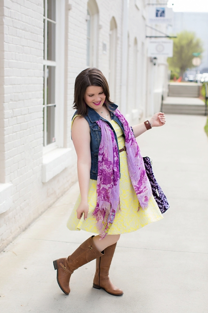 Stitch Fix 41 Hawthorn “Lex Textured Floral Knit Fit & Flare Dress”, denim vest, Stitch Fix scarf, ABAN tote, DUO Boots, Nickel and Suede earrings