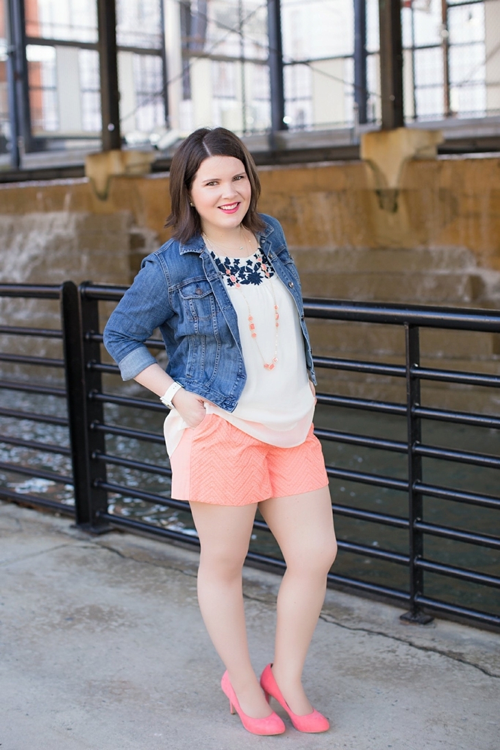 Stitch Fix Skies are Blue “Karla Textured Short”, Stitch Fix Under Skies – Alexa Embroidery Detailed Tank, Coral heels from Rack Room Shoes, denim jacket, Stitch Fix Pixley “Carly Multi-Stone Layering Necklace”
