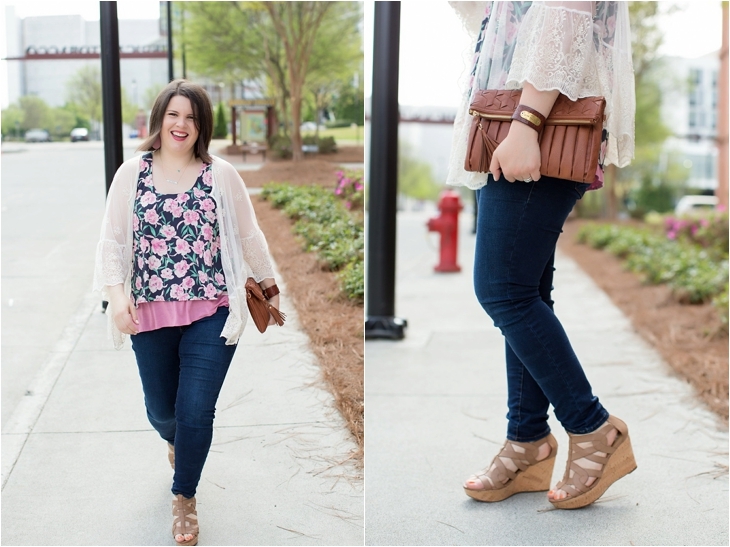 Nickel and Suede earrings, Stitch Fix Papermoon “Pollyanne Lace Hem Kimono”, Stitch Fix Mavi “Freida Ankle Length Skinny Jean”, Stitch Fix Collective Concepts “Jayde Layered Floral Print Tank”, Nine West tan wedges from Rack Room Shoes