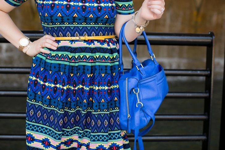 LulaRoe Amelia Dress, Blue target bag, Yellow Nicke & Suede earrings, nude wedges | North Carolina Fashion Blogger
