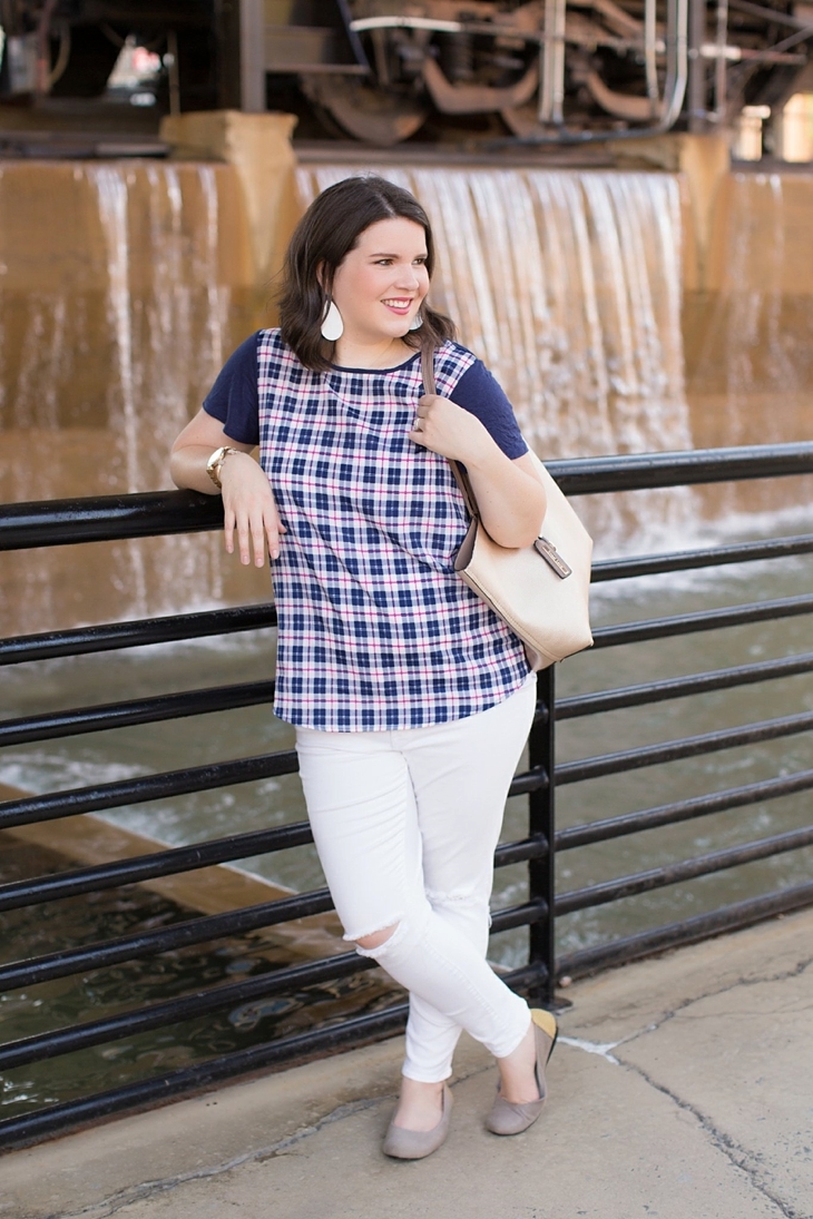 Plaid tee, white distressed denim, Nickel and Suede earrings, Root Collective shoes (2)