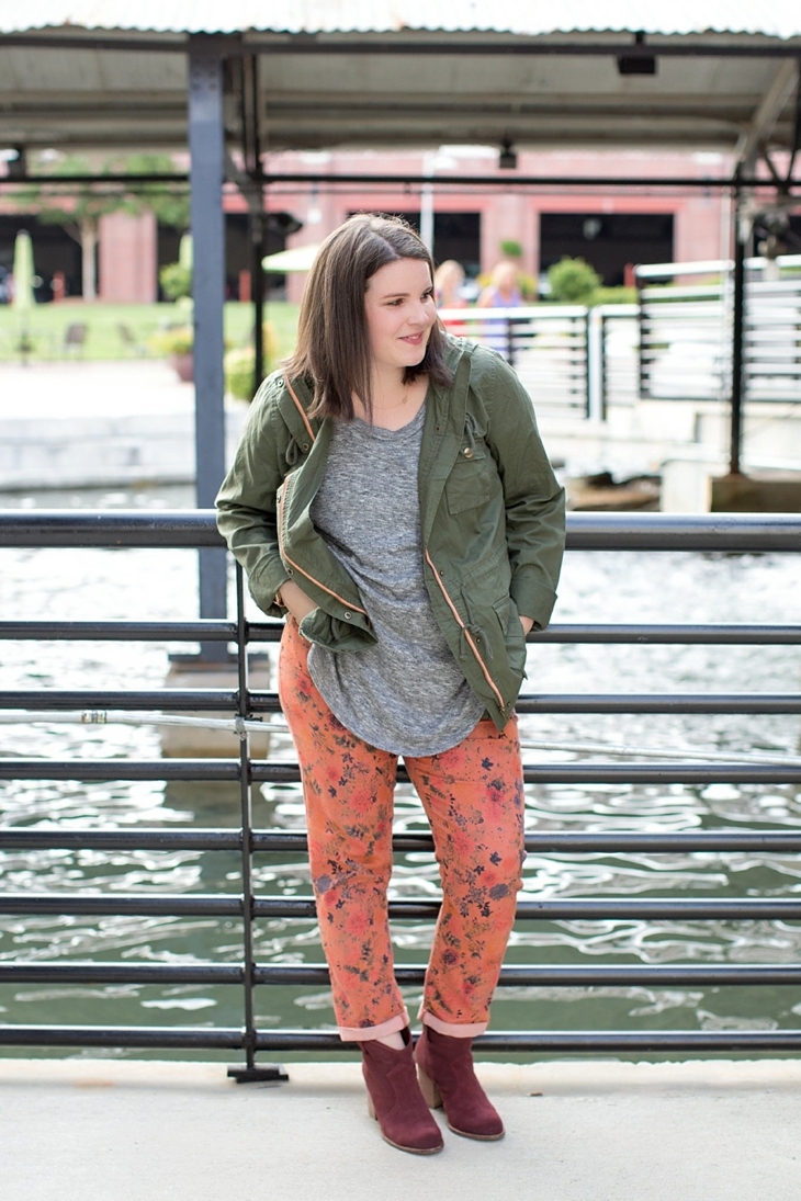 Printed denim, booties, and cargo jacket | Maternity Fashion & Style