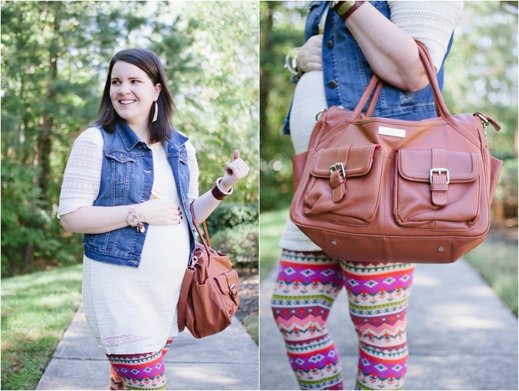 White Plum Printed Leggings, Stitch Fix maternity tunic, denim vest, Lily Jade diaper bag | Maternity Style (4)