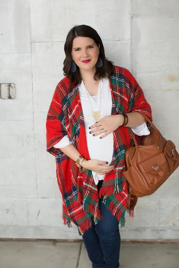 Forever 21 Plaid Poncho, skinny jeans, Lily Jade bag, The Root Collective smoking shoes, Nickel and Suede earrings, Mata Traders Necklace, Fall Maternity Fashion (6)