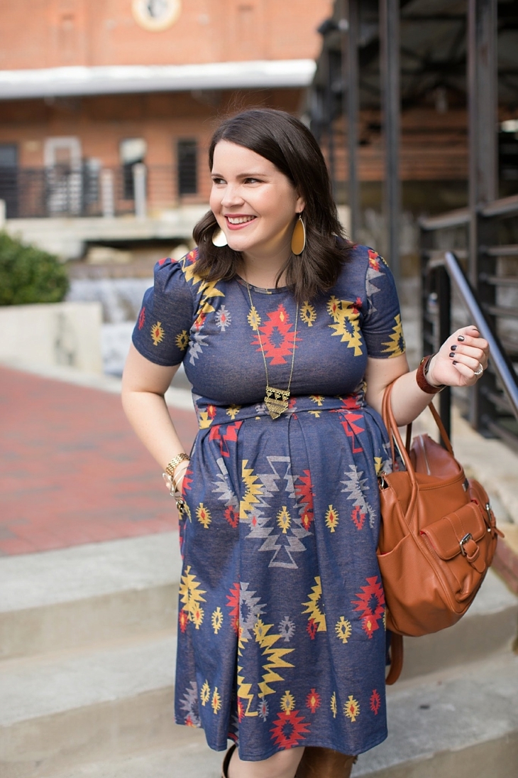 LulaRoe Aztec Amelia dress, Duo boots, Lily Jade bag, Nickel and Suede earrings, Fall, Maternity, Fashion (4)