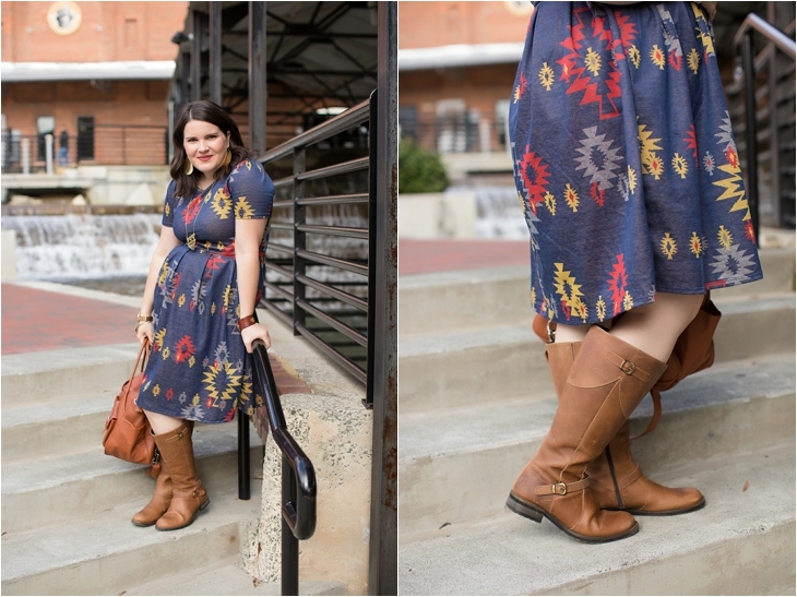 LulaRoe Aztec Amelia dress, Duo boots, Lily Jade bag, Nickel and Suede earrings, Fall, Maternity, Fashion (5)