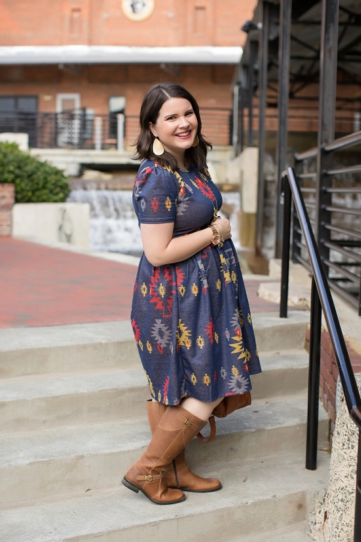 LulaRoe Aztec Amelia dress, Duo boots, Lily Jade bag, Nickel and Suede earrings, Fall, Maternity, Fashion (6)