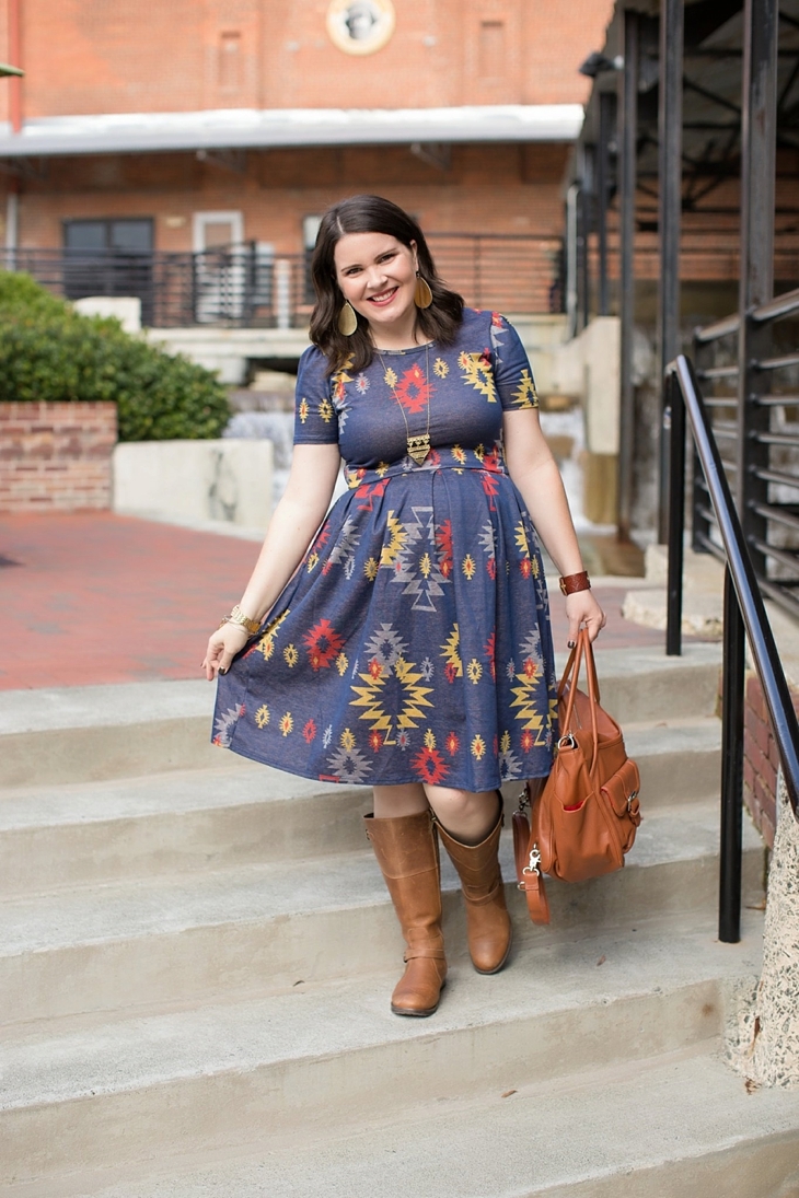 LulaRoe Aztec Amelia dress, Duo boots, Lily Jade bag, Nickel and Suede earrings, Fall, Maternity, Fashion (8)