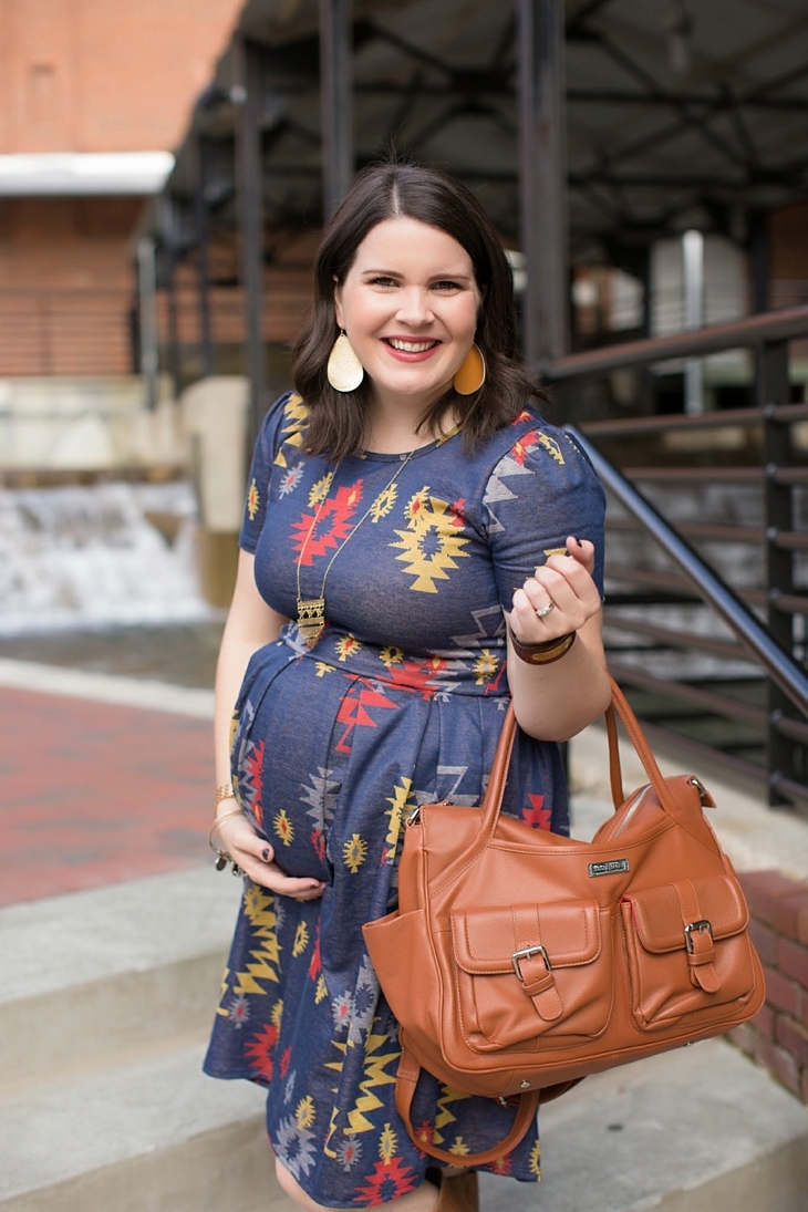 LulaRoe Aztec Amelia dress, Duo boots, Lily Jade bag, Nickel and Suede earrings, Fall, Maternity, Fashion (9)