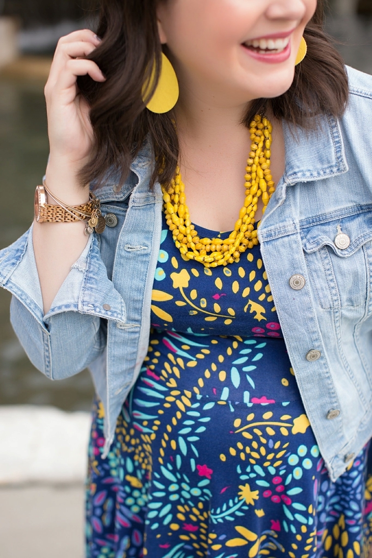 LulaRoe floral Nicole dress, denim jacket, yellow accessories, Nickel and Suede earrings, Root Collective shoes, maternity, fall, fashion (5)