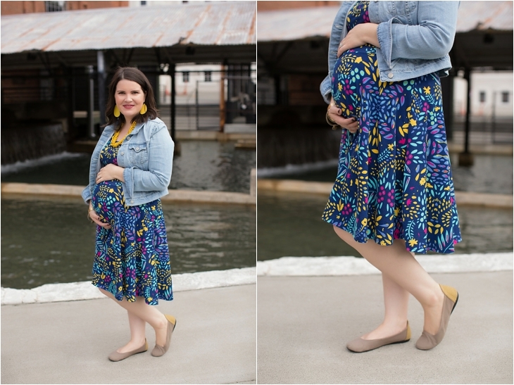 LulaRoe floral Nicole dress, denim jacket, yellow accessories, Nickel and Suede earrings, Root Collective shoes, maternity, fall, fashion (6)