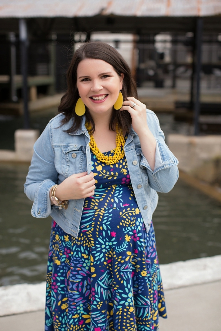LulaRoe floral Nicole dress, denim jacket, yellow accessories, Nickel and Suede earrings, Root Collective shoes, maternity, fall, fashion (7)