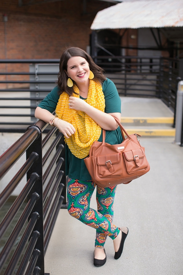 LulaRoe Printed Green & Yellow Leggings, LulaRoe Green Perfect Tee, yellow accessories, Lily Jade bag, Root Collective Flats | Fall Maternity Style (2)