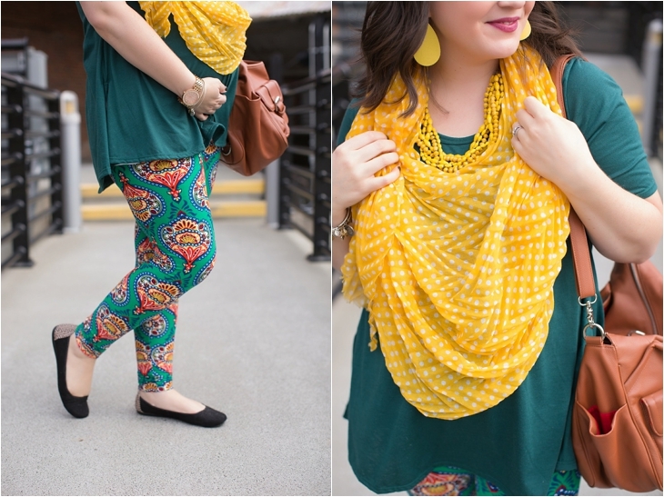 LulaRoe Printed Green & Yellow Leggings, LulaRoe Green Perfect Tee, yellow accessories, Lily Jade bag, Root Collective Flats | Fall Maternity Style (4)