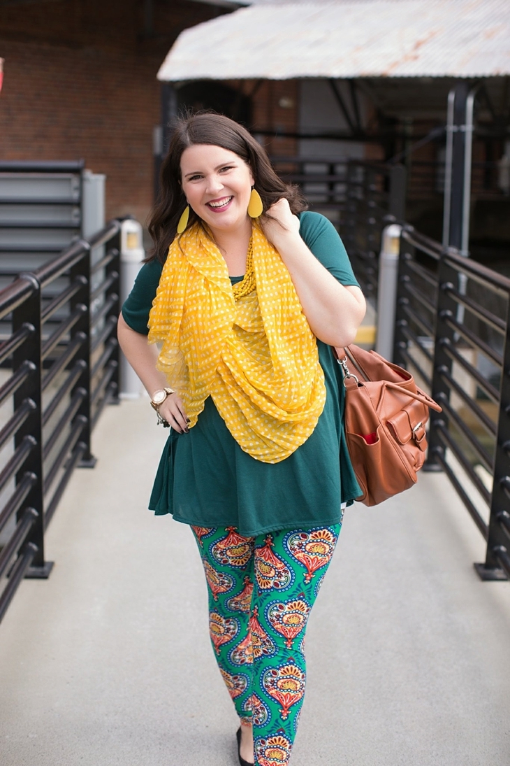 LulaRoe Printed Green & Yellow Leggings, LulaRoe Green Perfect Tee, yellow accessories, Lily Jade bag, Root Collective Flats | Fall Maternity Style (8)