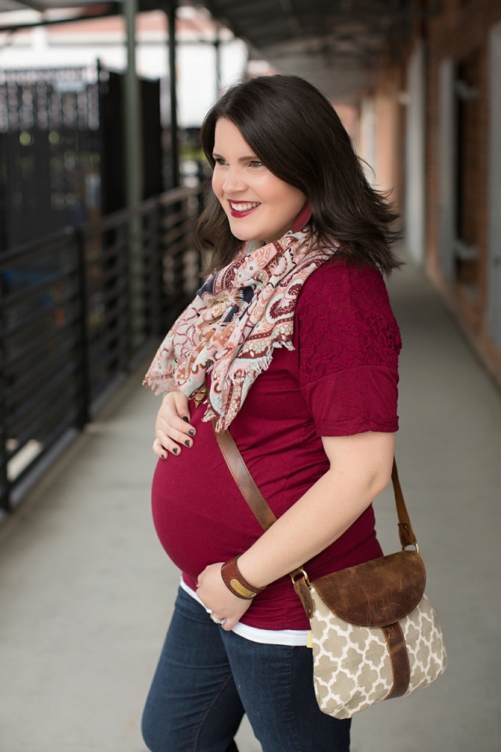 Maternity flare jeans, booties, JOYN bag, scarf, Nickel and Suede marsala earrings, maternity fashion, style (5)