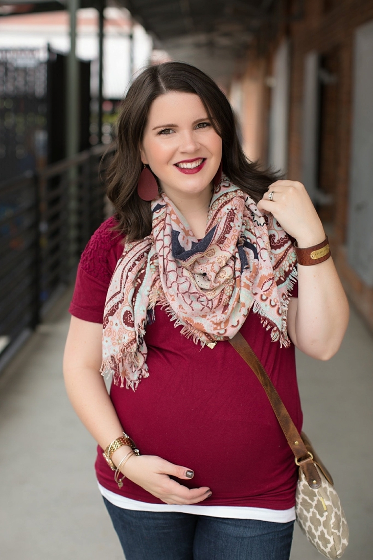 Maternity flare jeans, booties, JOYN bag, scarf, Nickel and Suede marsala earrings, maternity fashion, style (8)