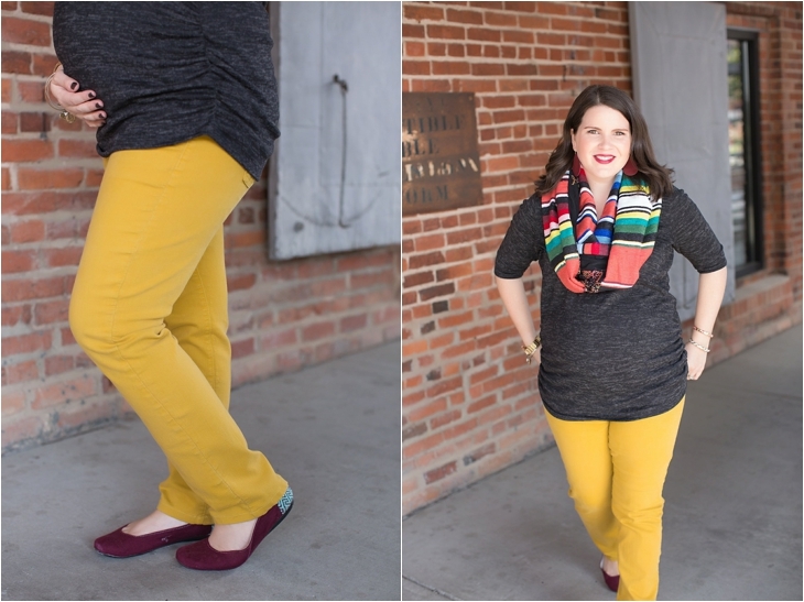 mustard denim, Root Collective flats, Stitch Fix liverpool knit top, Just Dawnelle serape scarf, Nickel and Suede Marsala earrings, maternity fashion (3)