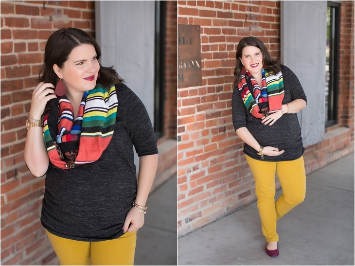 mustard denim, Root Collective flats, Stitch Fix liverpool knit top, Just Dawnelle serape scarf, Nickel and Suede Marsala earrings, maternity fashion (4)