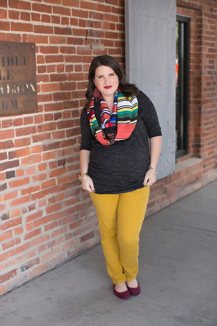 mustard denim, Root Collective flats, Stitch Fix liverpool knit top, Just Dawnelle serape scarf, Nickel and Suede Marsala earrings, maternity fashion (8)