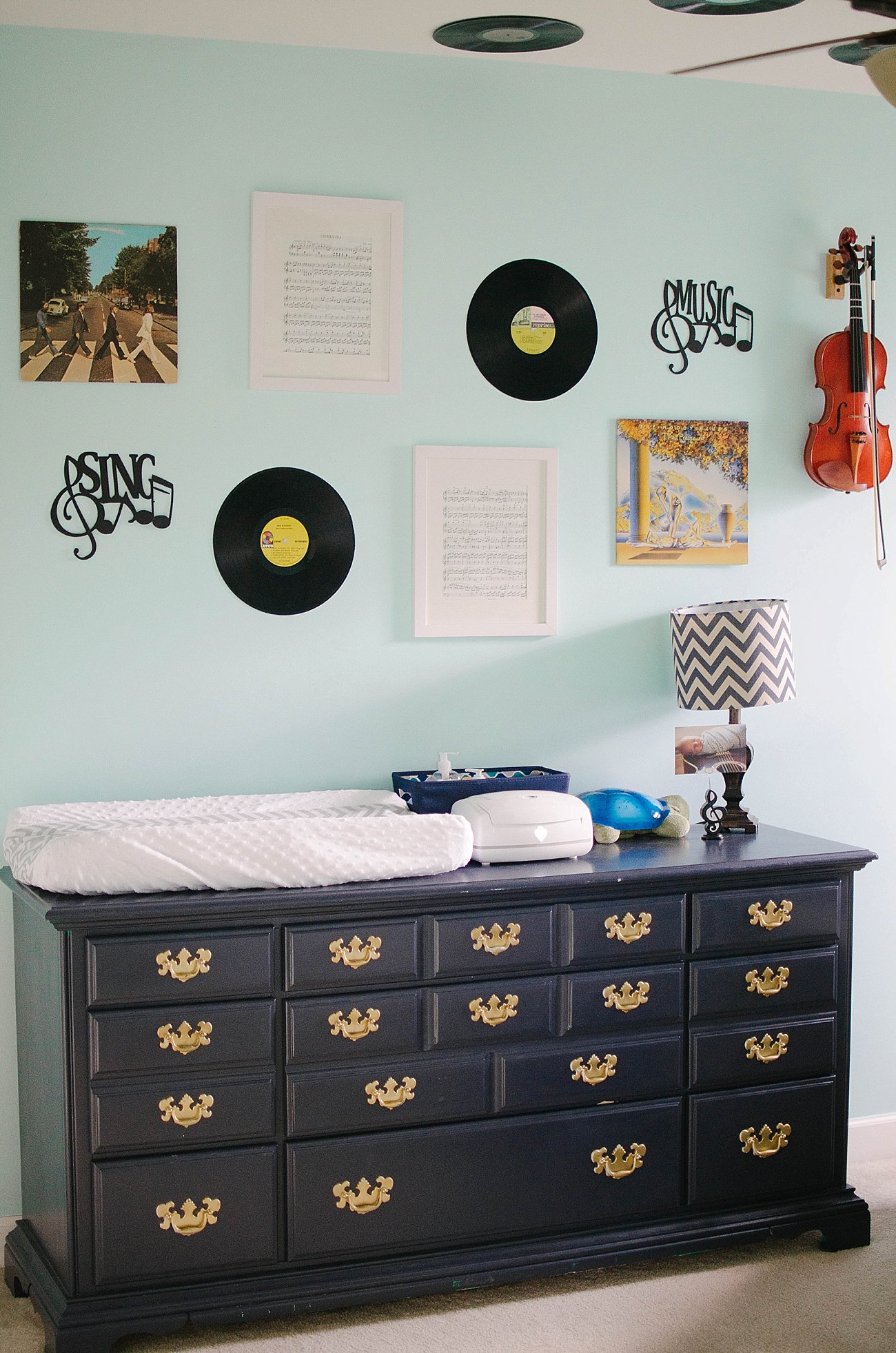 Gender Neutral Music / Record Themed / Navy, Teal, Grey Chevron and Stripe Nursery (3)