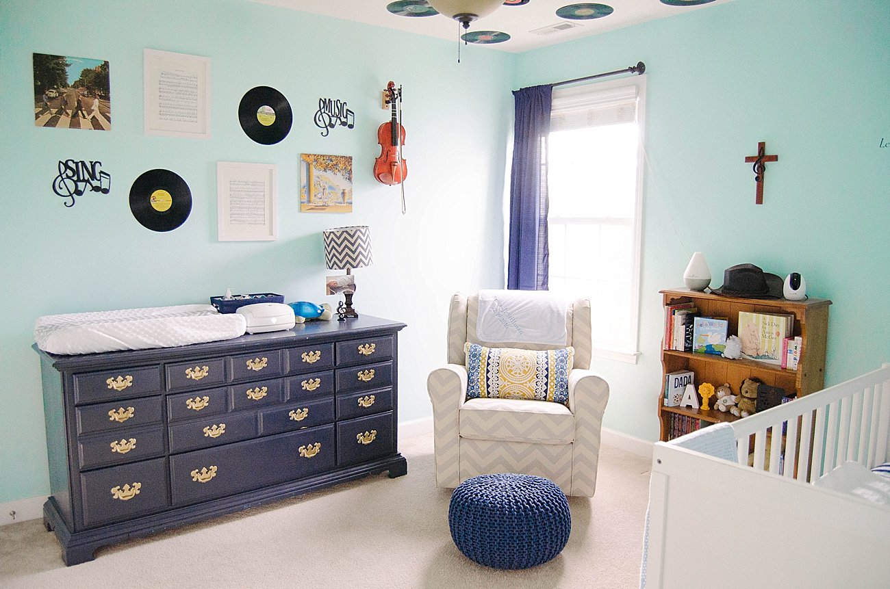 Gender Neutral Music / Record Themed / Navy, Teal, Grey Chevron and Stripe Nursery (22)