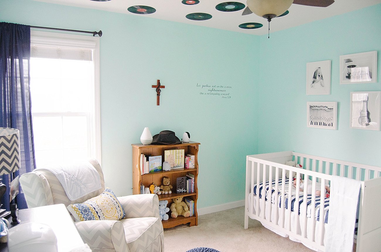 Gender Neutral Music / Record Themed / Navy, Teal, Grey Chevron and Stripe Nursery (27)