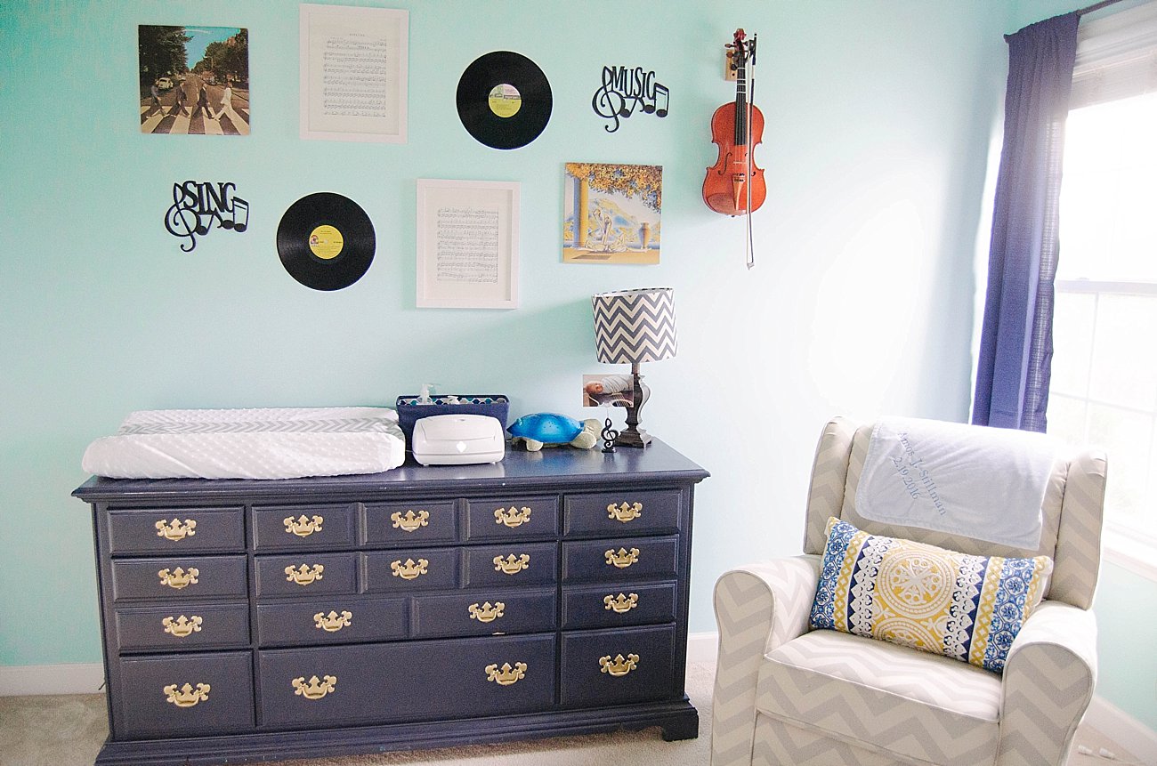 Gender Neutral Music / Record Themed / Navy, Teal, Grey Chevron and Stripe Nursery (29)