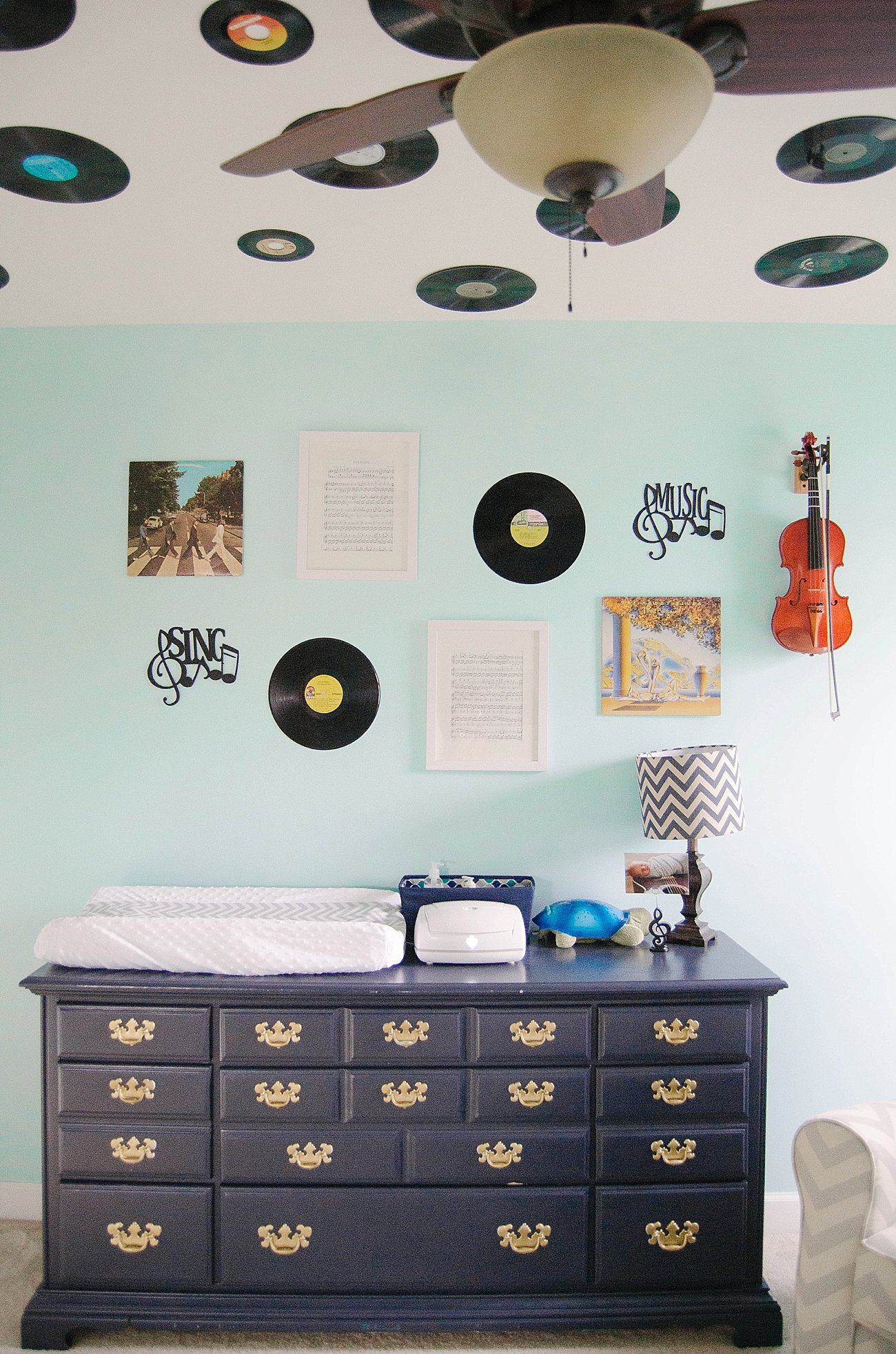 Gender Neutral Music / Record Themed / Navy, Teal, Grey Chevron and Stripe Nursery (30)