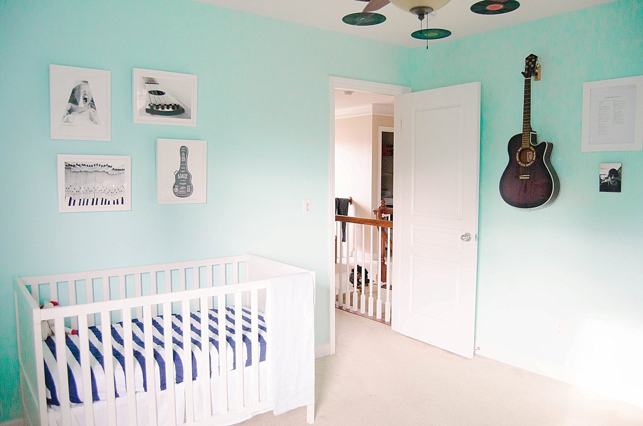Gender Neutral Music / Record Themed / Navy, Teal, Grey Chevron and Stripe Nursery (31)