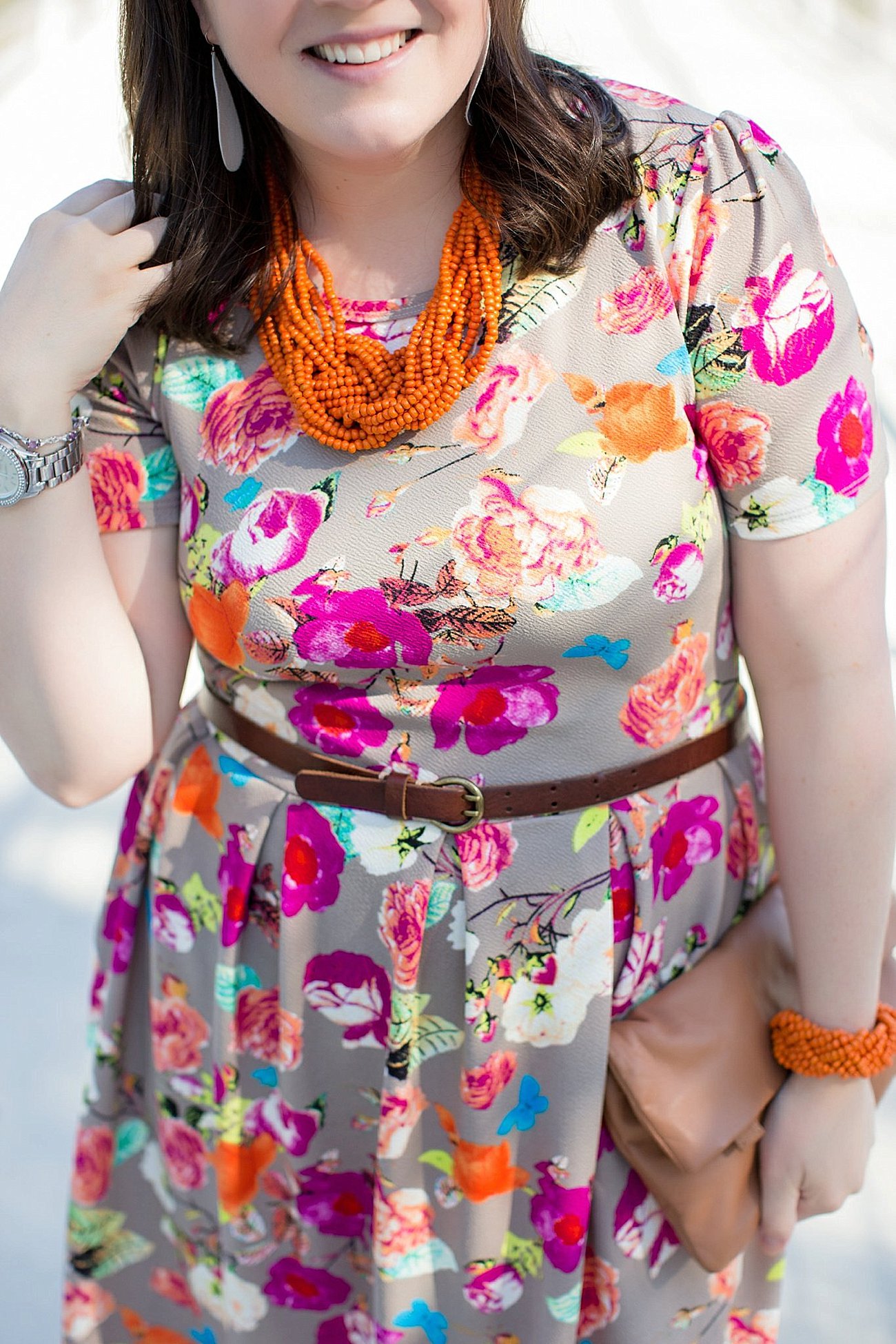 LulaRoe Floral Amelia Dress, The Root Collective Millie Smoking Shoe, Made for Freedom Lily Necklace and Bracelet, Sseko Designs Leather Clutch, Nickel and Suede earrings | Mom Style | North Carolina Fashion & Style Blogger (4)