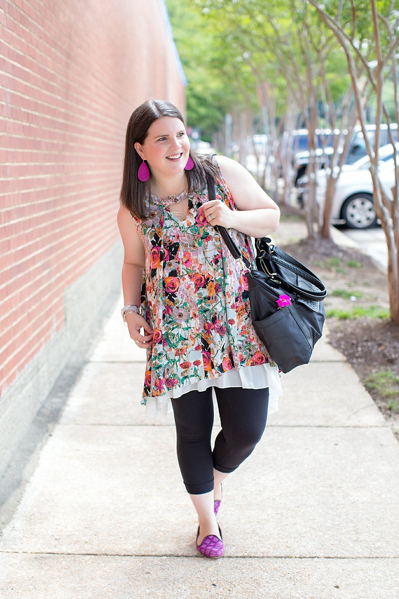 Grace & Lace floral tunic, chiffon lace extender, LulaRoe black leggings, Lily Jade diaper bag, Nickel and Suede earrings, The Root Collective "Millie" smoking shoes | North Carolina Fashion Blogger (2)