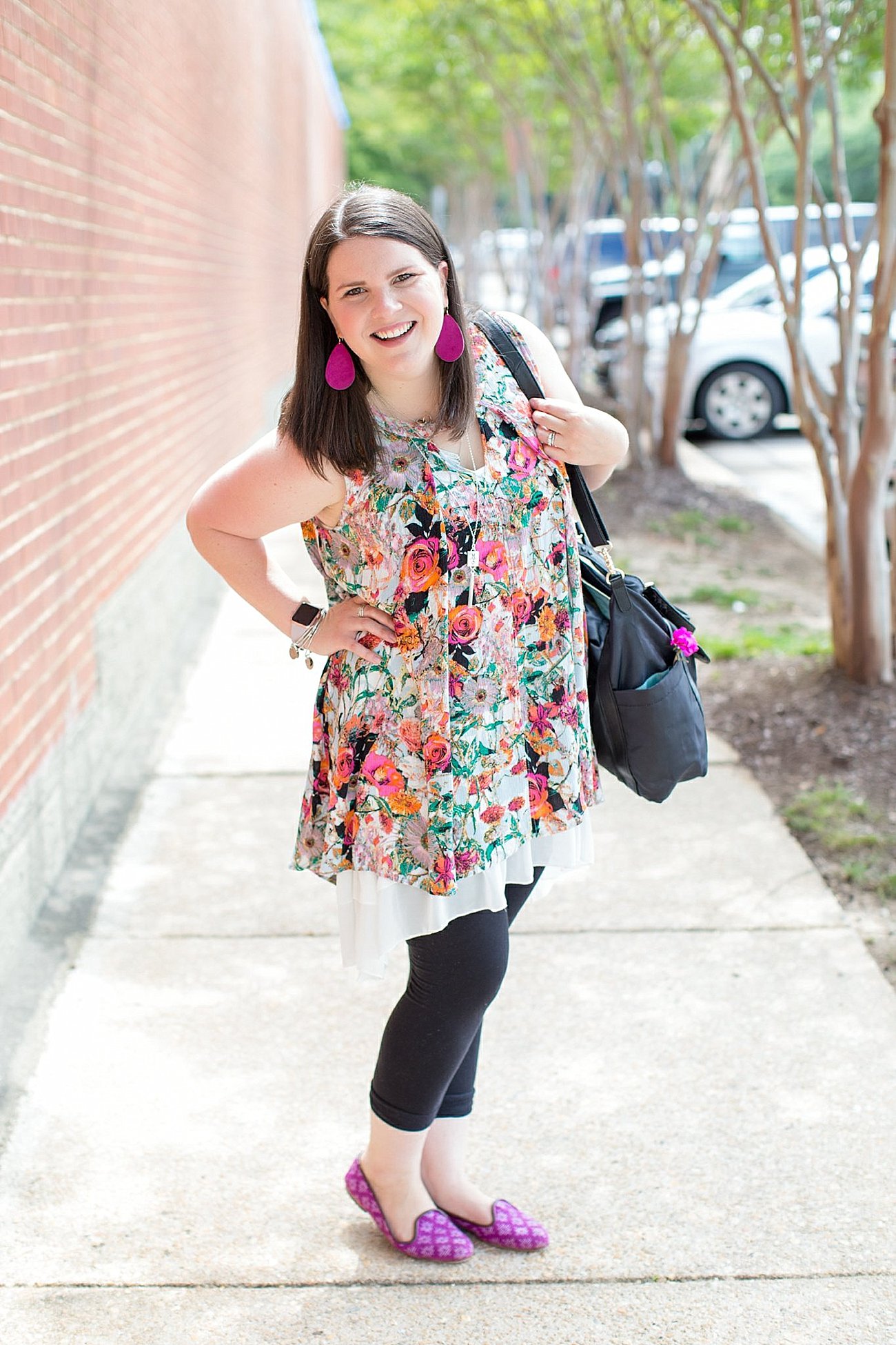 Grace & Lace floral tunic, chiffon lace extender, LulaRoe black leggings, Lily Jade diaper bag, Nickel and Suede earrings, The Root Collective "Millie" smoking shoes | North Carolina Fashion Blogger (4)
