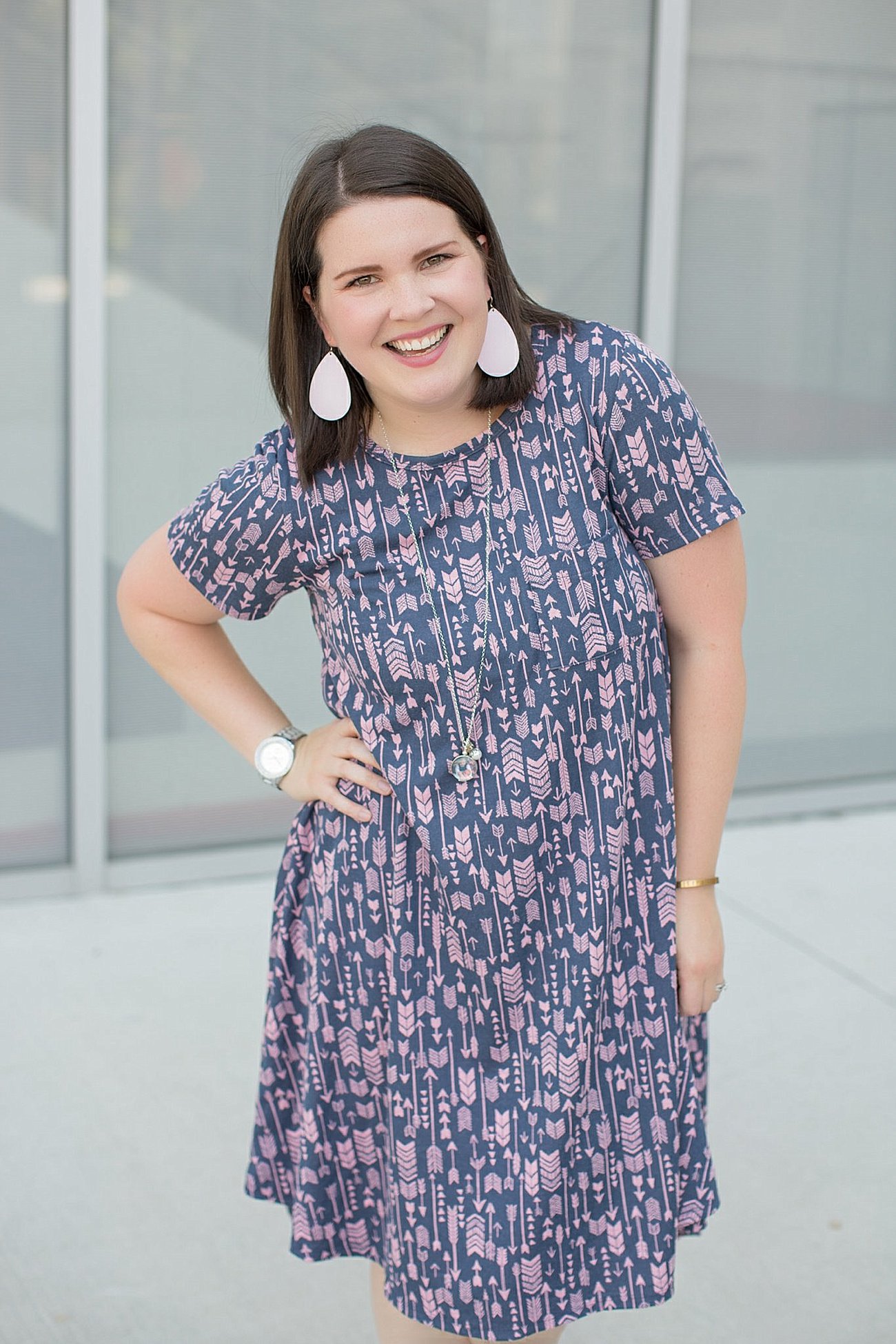 LulaRoe arrow print Carly Dress, Root Collective shoes, Journey Lockets necklace (2)